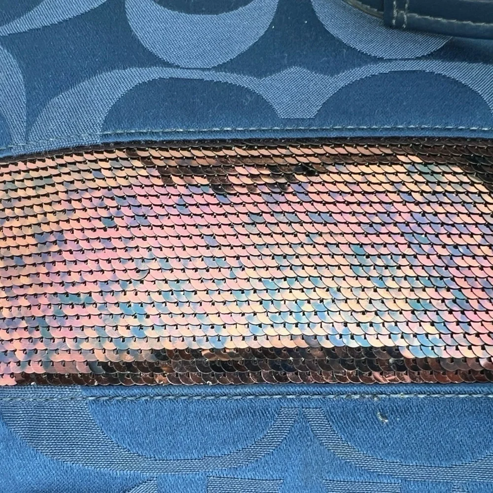 Coach F17574 Signature Tote Handbag Satin Sequins Medium Blue Bag